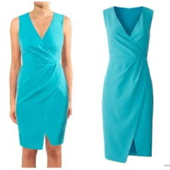 BLACK HALO Nora Teal Blue Sleeveless Sheath Faux Wrap Dress Size 10 - Picture 2 of 10
